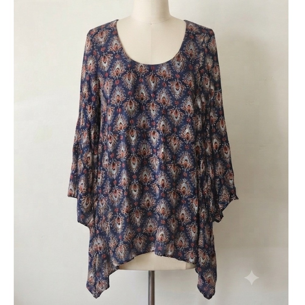 Mossimo Supply Co Navy‎ Blue Paisley Sharkbite Hem Boho Tunic Top XL